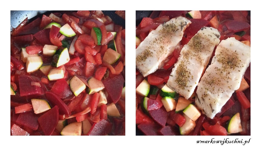Warzywa i ryba przygotowane do duszenia.